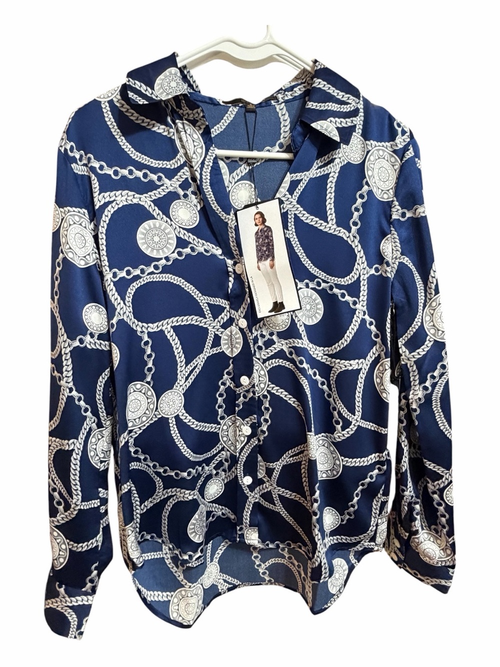 Chain-Print Navy Button-Front Blouse